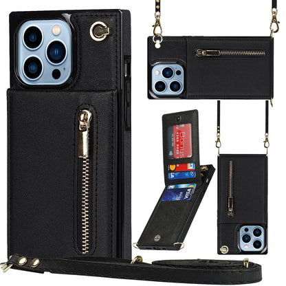 For iPhone 14 Pro Max Zipper Wallet Kickstand Phone Cover Leather Coated TPU Case with Shoulder Strap