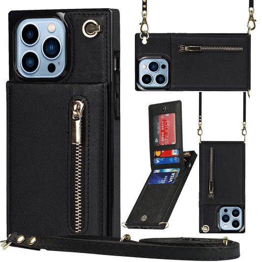 For iPhone 14 Pro Max Zipper Wallet Kickstand Phone Cover Leather Coated TPU Case with Shoulder Strap