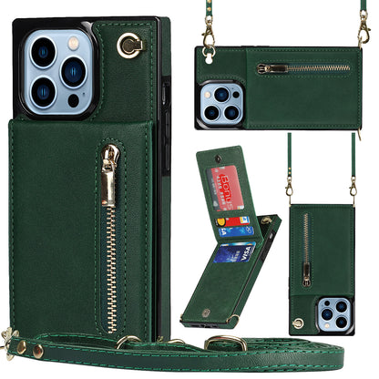 For iPhone 14 Pro Max Zipper Wallet Kickstand Phone Cover Leather Coated TPU Case with Shoulder Strap