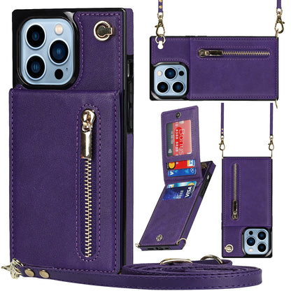 For iPhone 14 Pro Max Zipper Wallet Kickstand Phone Cover Leather Coated TPU Case with Shoulder Strap