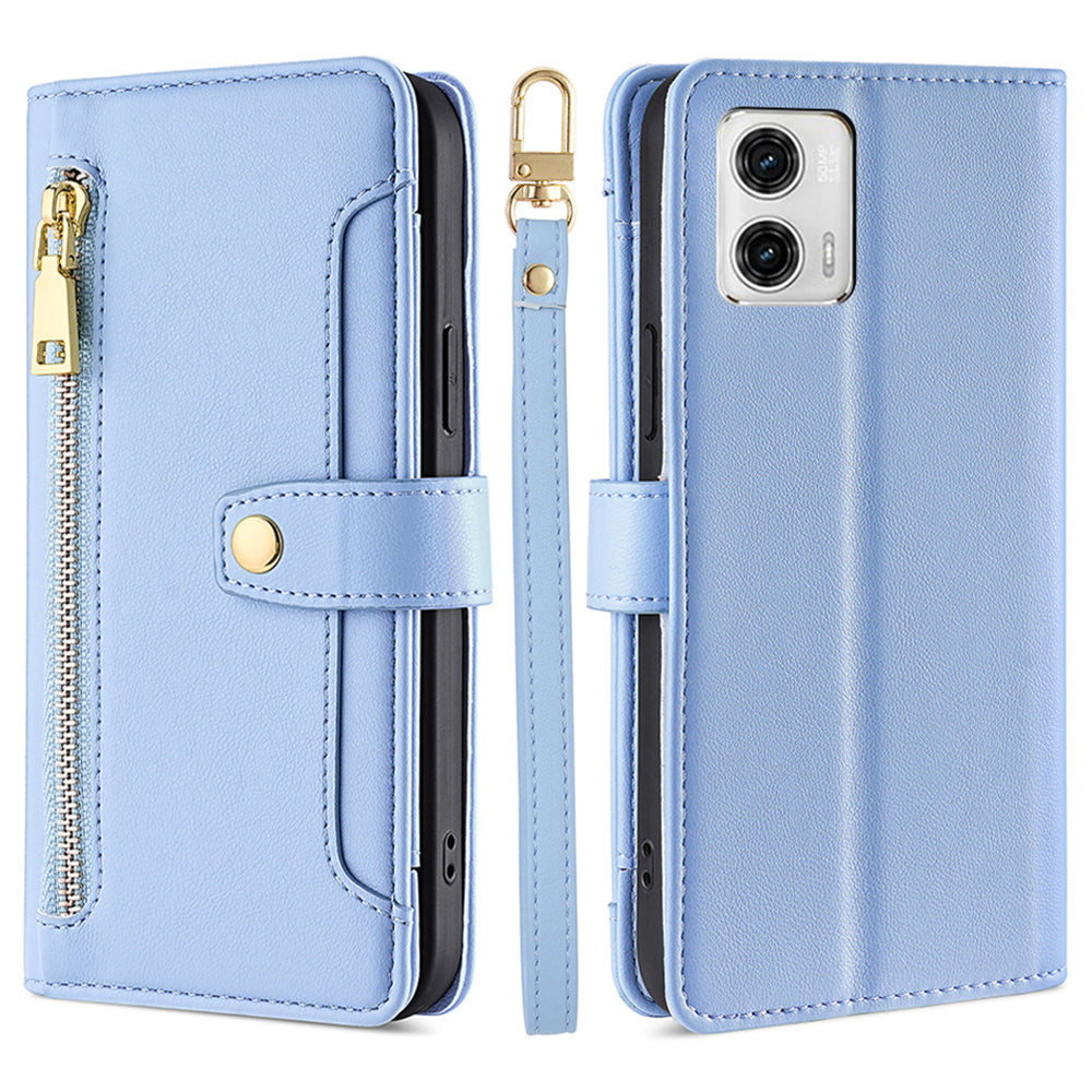 For Motorola Moto G73 5G Zipper Pocket Phone Stand Case Card Slots Leather Cover with Straps