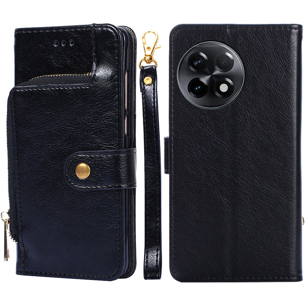For OnePlus Ace 2 5G / 11R 5G Phone Wallet Case Zipper Pocket Leather Stand Phone Cover with Strap