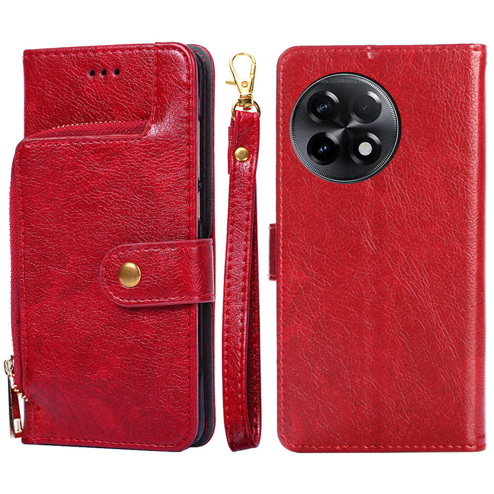 For OnePlus Ace 2 5G / 11R 5G Phone Wallet Case Zipper Pocket Leather Stand Phone Cover with Strap