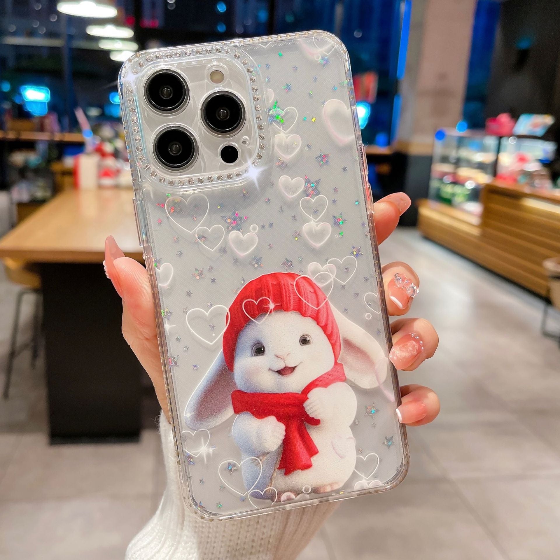 Cute Rabbit TPU Case for iPhone 14 Pro Max Anti-Drop Phone Cover Rhinestones Decorated Slim Case