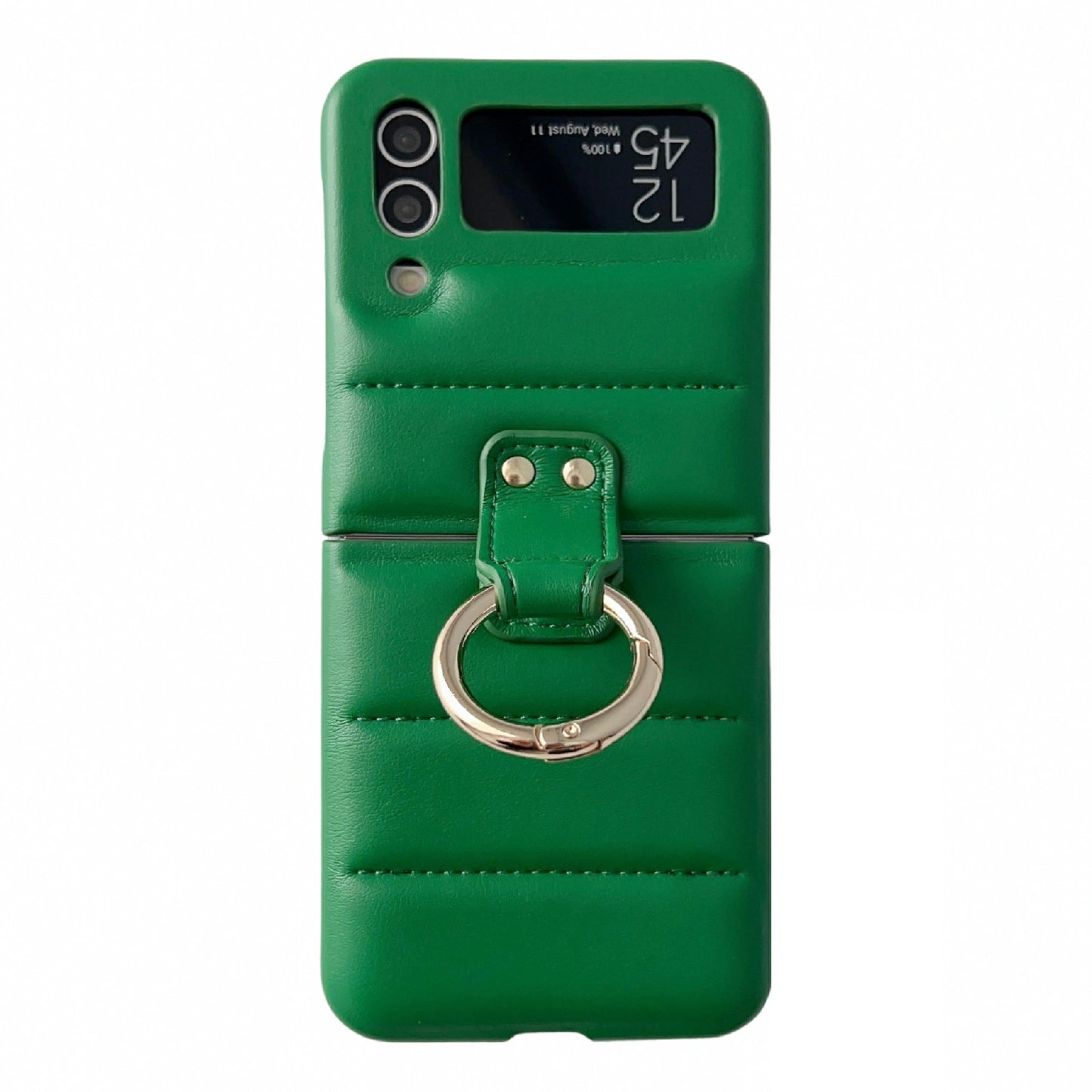 For Samsung Galaxy Z Flip4 5G Ring Kickstand Folding Phone Case Down Jacket Design Leather Coated PC Cover