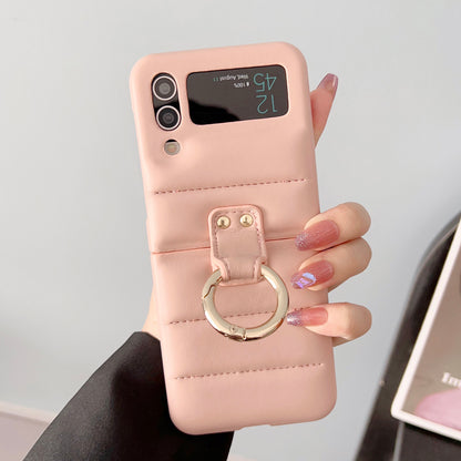 For Samsung Galaxy Z Flip4 5G Ring Kickstand Folding Phone Case Down Jacket Design Leather Coated PC Cover