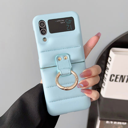 For Samsung Galaxy Z Flip4 5G Ring Kickstand Folding Phone Case Down Jacket Design Leather Coated PC Cover