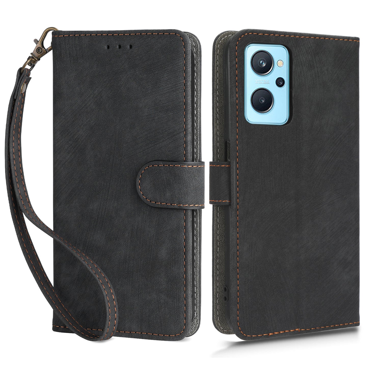 For Realme 9i 4G / Oppo A36 / A76 / A96 4G Leather Phone Case RFID Blocking Phone Wallet Stand Cover with Strap