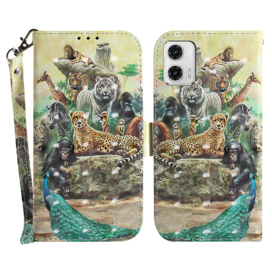 Leather Phone Cover for Motorola Moto G73 5G Pattern Printing Wallet Phone Stand Case with Strap