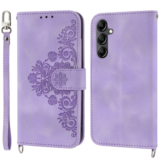 Leather Phone Case for Samsung Galaxy A34 5G Wallet Stand Imprinted Flower Skin-touch Cover with Strap