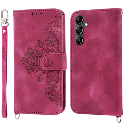 Leather Phone Case for Samsung Galaxy A34 5G Wallet Stand Imprinted Flower Skin-touch Cover with Strap