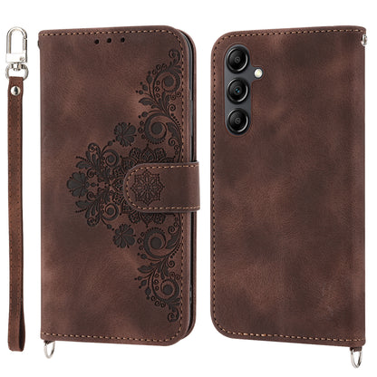 Leather Phone Case for Samsung Galaxy A34 5G Wallet Stand Imprinted Flower Skin-touch Cover with Strap