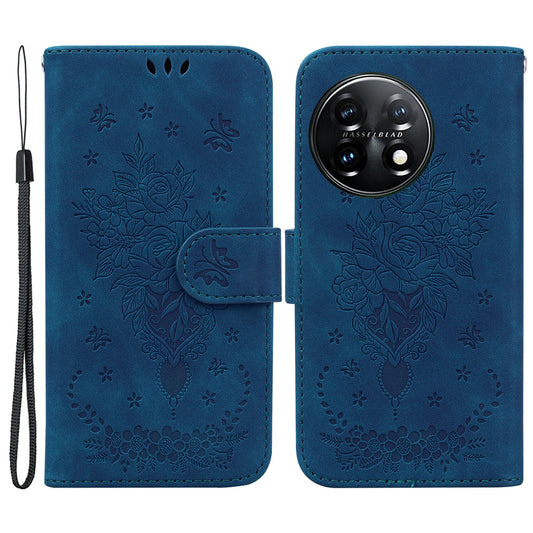 Phone Wallet Case for OnePlus 11 5G PU Leather Rose Butterfly Imprinted Stand Cell Phone Cover