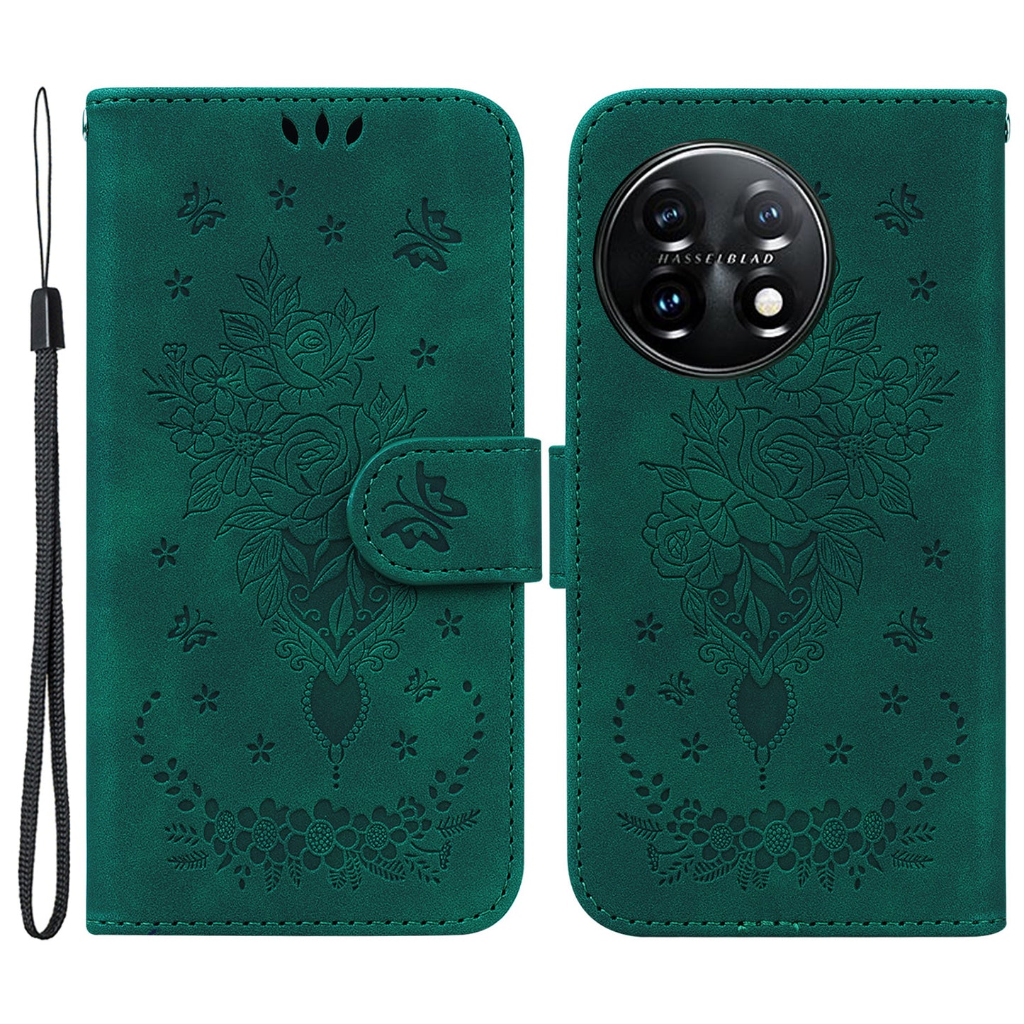 Phone Wallet Case for OnePlus 11 5G PU Leather Rose Butterfly Imprinted Stand Cell Phone Cover