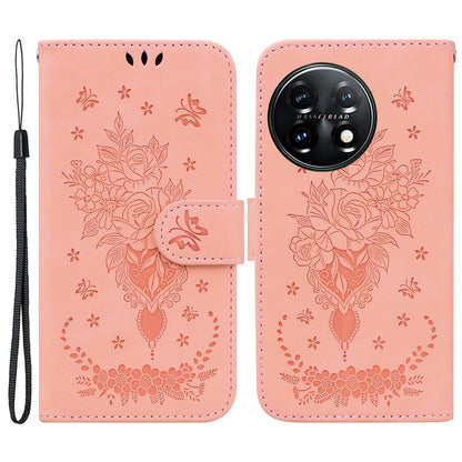 Phone Wallet Case for OnePlus 11 5G PU Leather Rose Butterfly Imprinted Stand Cell Phone Cover