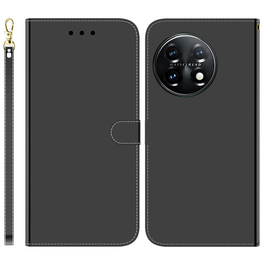 For OnePlus 11 5G Mirror-like Surface Phone Case Stand Wallet PU Leather Shockproof Cell Phone Cover