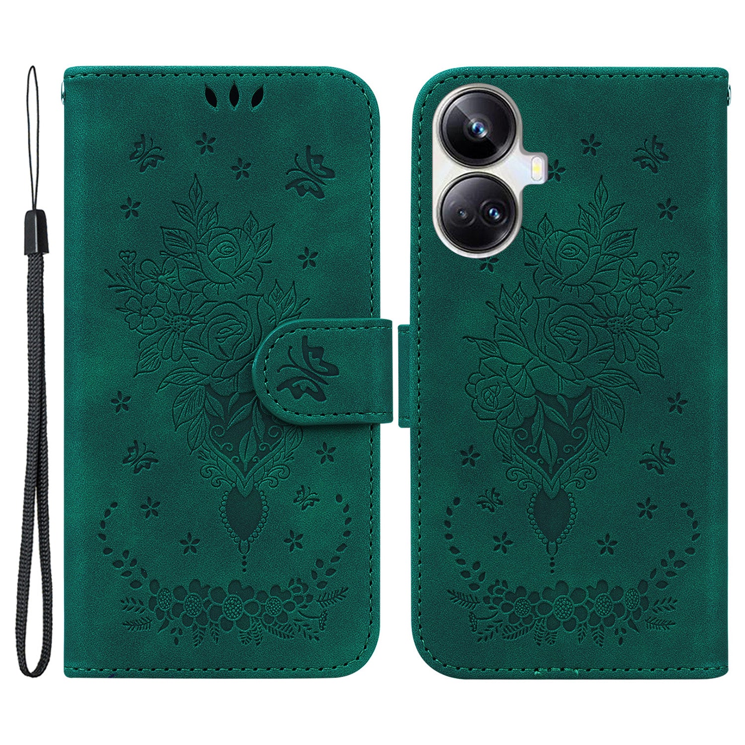 For Realme 10 Pro+ 5G Leather Rose Butterfly Imprinted Phone Case Flip Stand Wallet Mobile Phone Cover