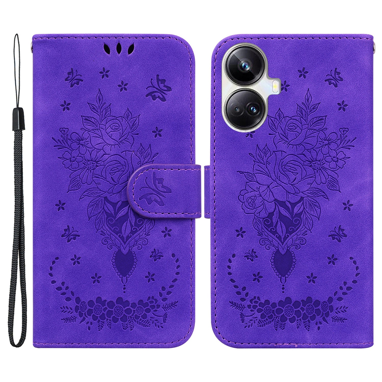 For Realme 10 Pro+ 5G Leather Rose Butterfly Imprinted Phone Case Flip Stand Wallet Mobile Phone Cover