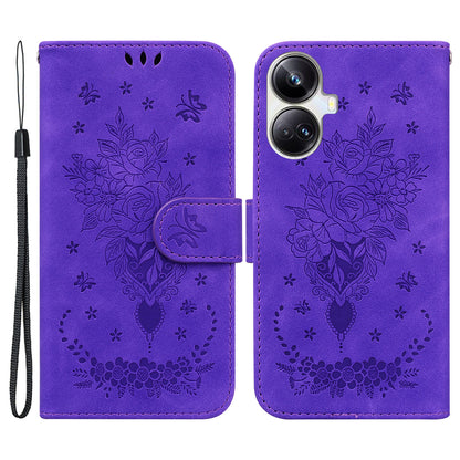 For Realme 10 Pro+ 5G Leather Rose Butterfly Imprinted Phone Case Flip Stand Wallet Mobile Phone Cover