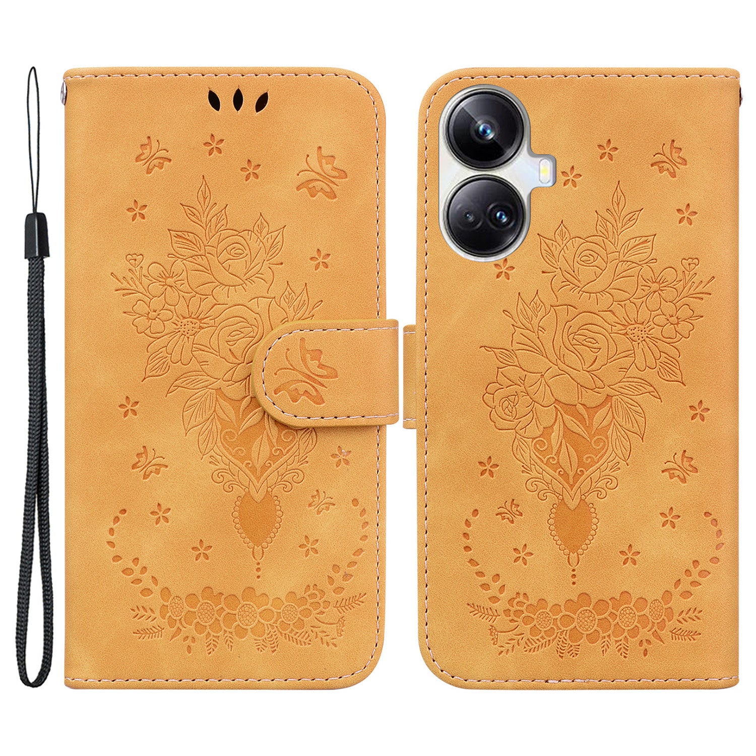 For Realme 10 Pro+ 5G Leather Rose Butterfly Imprinted Phone Case Flip Stand Wallet Mobile Phone Cover
