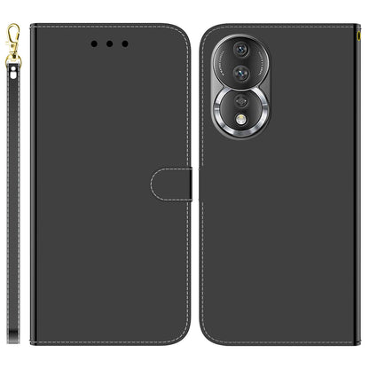 For Honor 80 5G PU Leather Wallet Phone Case Mirror-like Surface Stand Flip Cover with Strap
