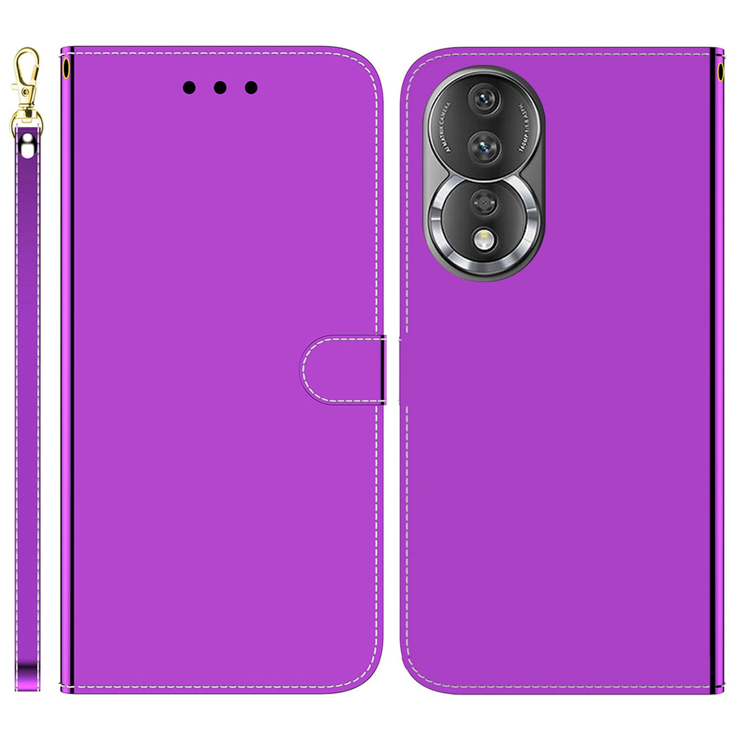 For Honor 80 5G PU Leather Wallet Phone Case Mirror-like Surface Stand Flip Cover with Strap