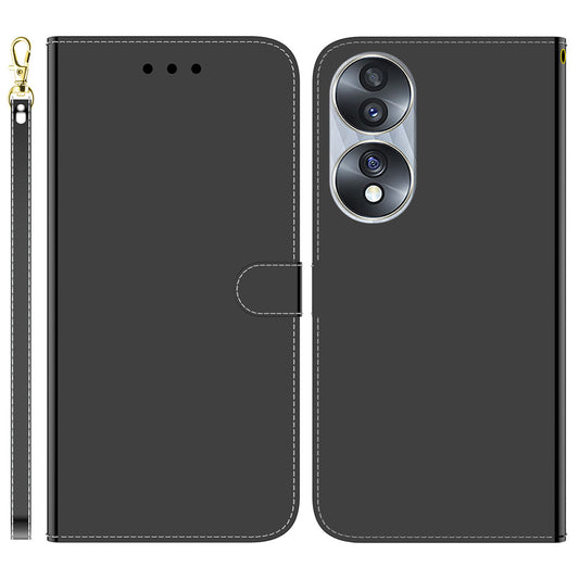 For Honor 70 5G Mirror-like Surface PU Leather Wallet Phone Case Stand Flip Cover with Strap