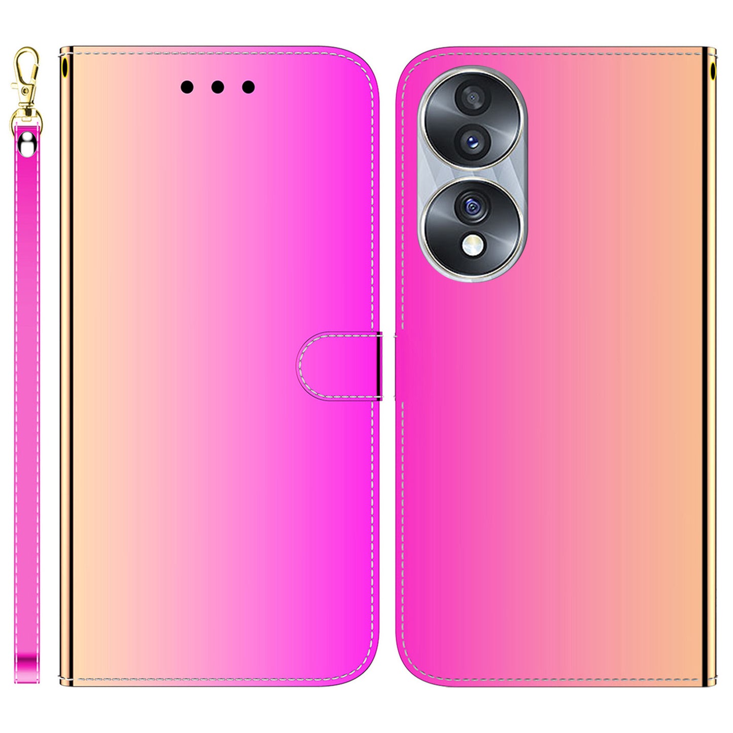 For Honor 70 5G Mirror-like Surface PU Leather Wallet Phone Case Stand Flip Cover with Strap