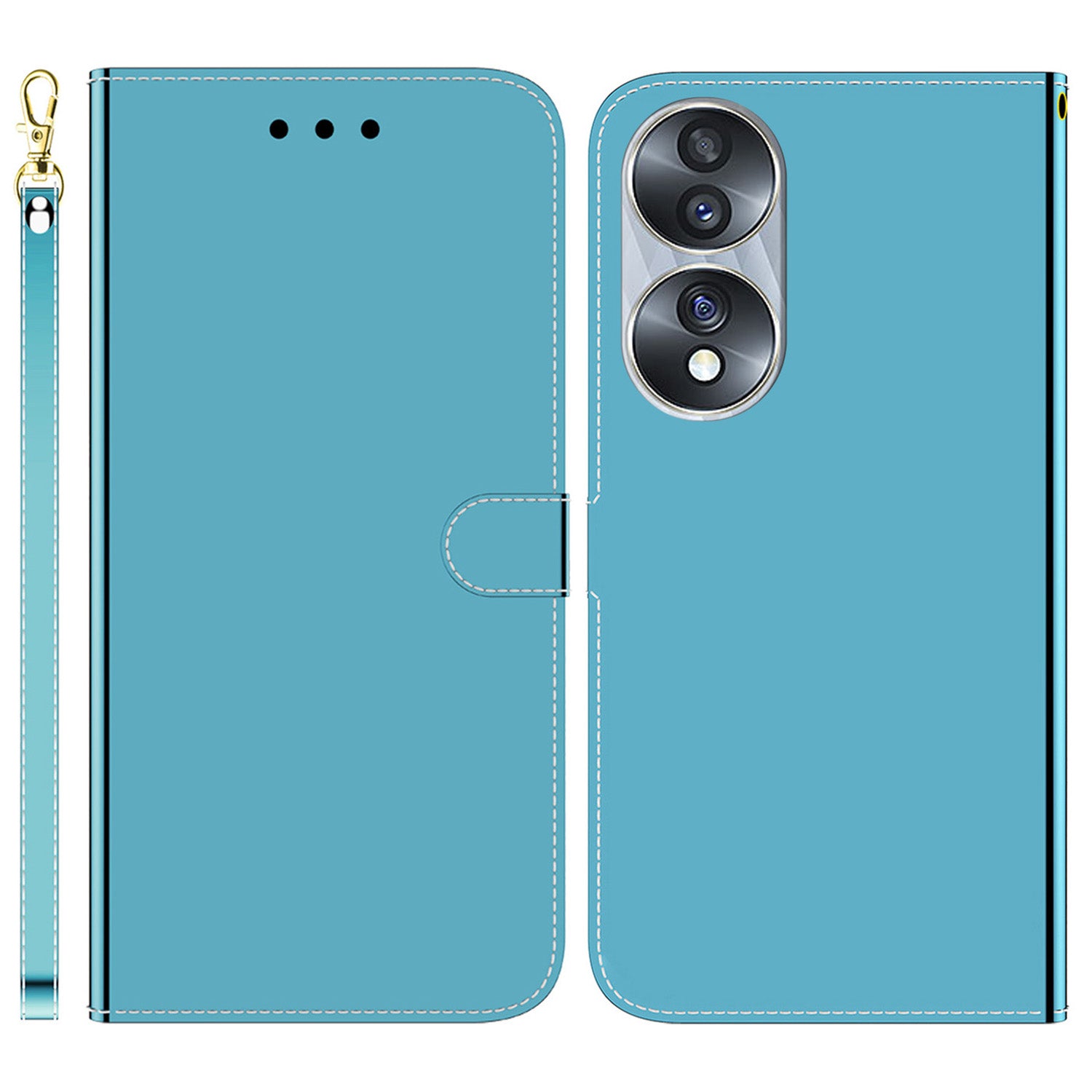 For Honor 70 5G Mirror-like Surface PU Leather Wallet Phone Case Stand Flip Cover with Strap