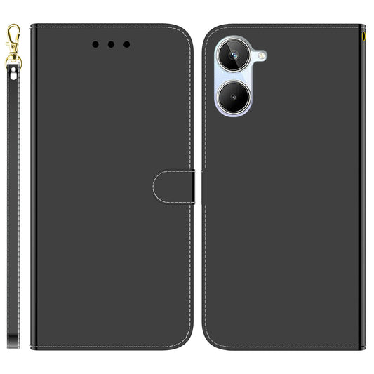 For Realme 10 4G PU Leather Stand Wallet Phone Case Mirror-like Surface Flip Cover with Strap