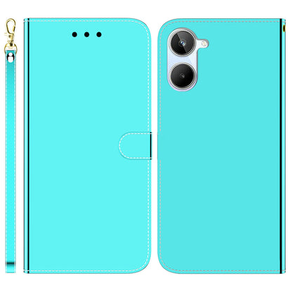 For Realme 10 4G PU Leather Stand Wallet Phone Case Mirror-like Surface Flip Cover with Strap
