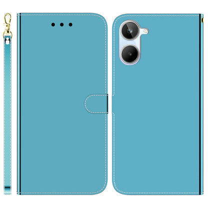 For Realme 10 4G PU Leather Stand Wallet Phone Case Mirror-like Surface Flip Cover with Strap