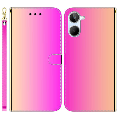 For Realme 10 4G PU Leather Stand Wallet Phone Case Mirror-like Surface Flip Cover with Strap