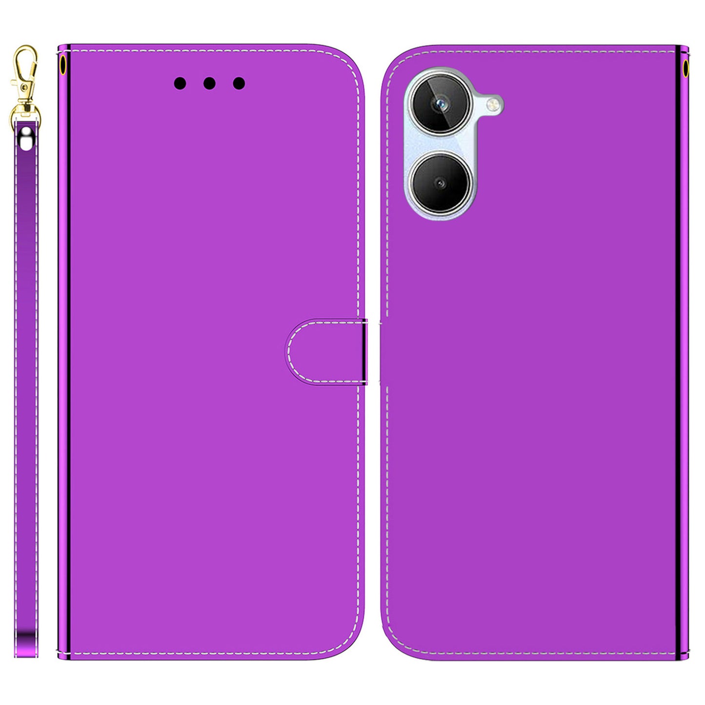 For Realme 10 4G PU Leather Stand Wallet Phone Case Mirror-like Surface Flip Cover with Strap