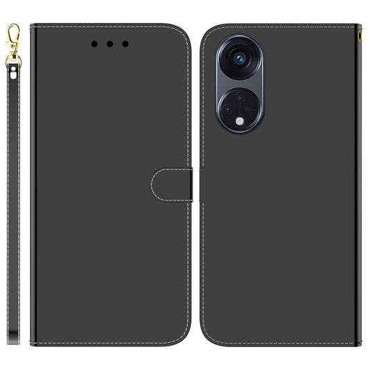 For Oppo Reno8 T 5G / A1 Pro 5G Wallet Phone Stand Case Mirror-like Surface PU Leather Flip Cover with Strap