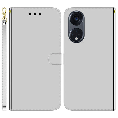For Oppo Reno8 T 5G / A1 Pro 5G Wallet Phone Stand Case Mirror-like Surface PU Leather Flip Cover with Strap