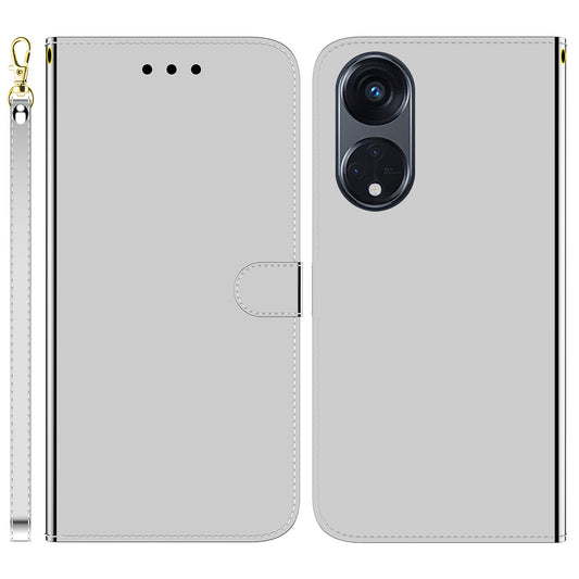 For Oppo Reno8 T 5G / A1 Pro 5G Wallet Phone Stand Case Mirror-like Surface PU Leather Flip Cover with Strap