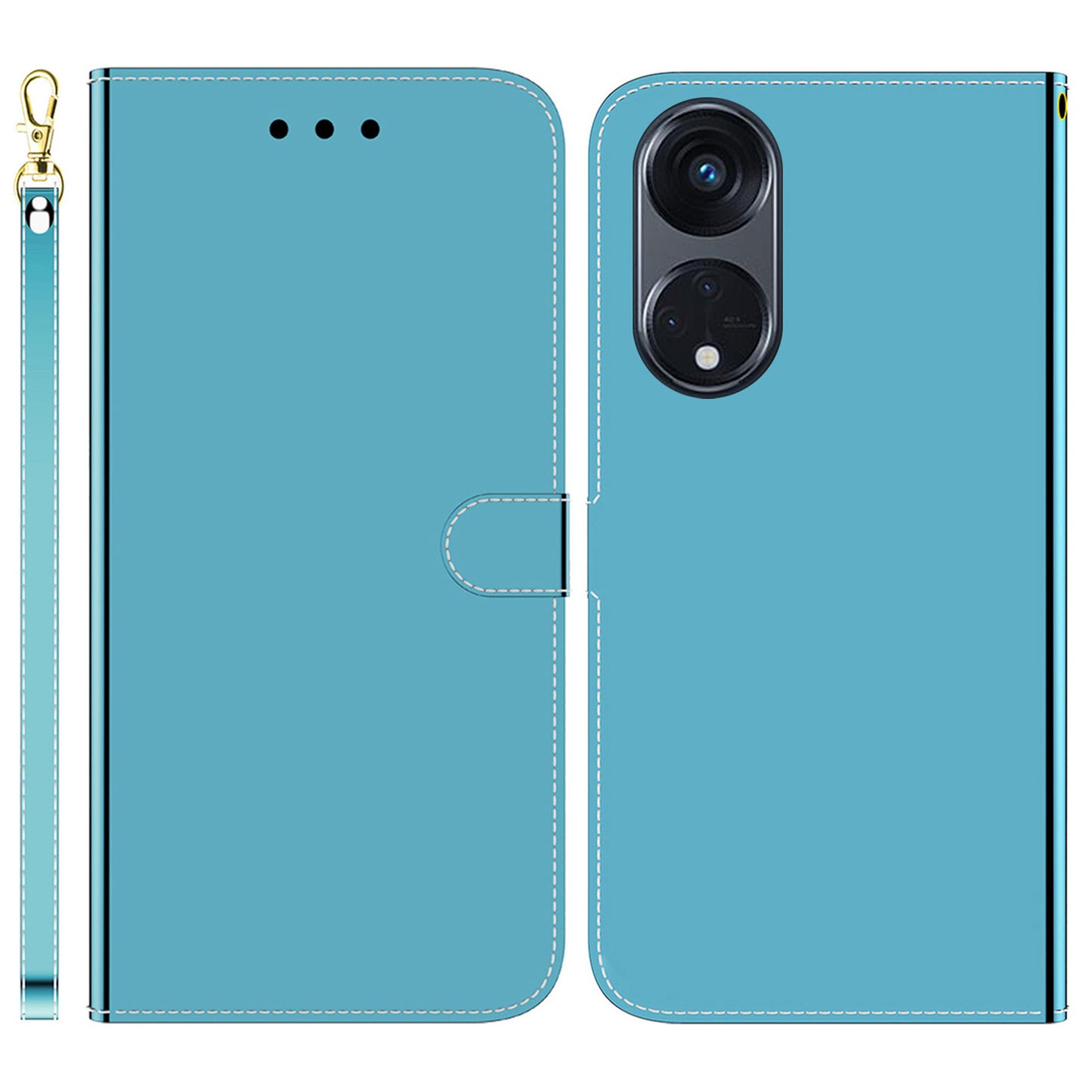 For Oppo Reno8 T 5G / A1 Pro 5G Wallet Phone Stand Case Mirror-like Surface PU Leather Flip Cover with Strap