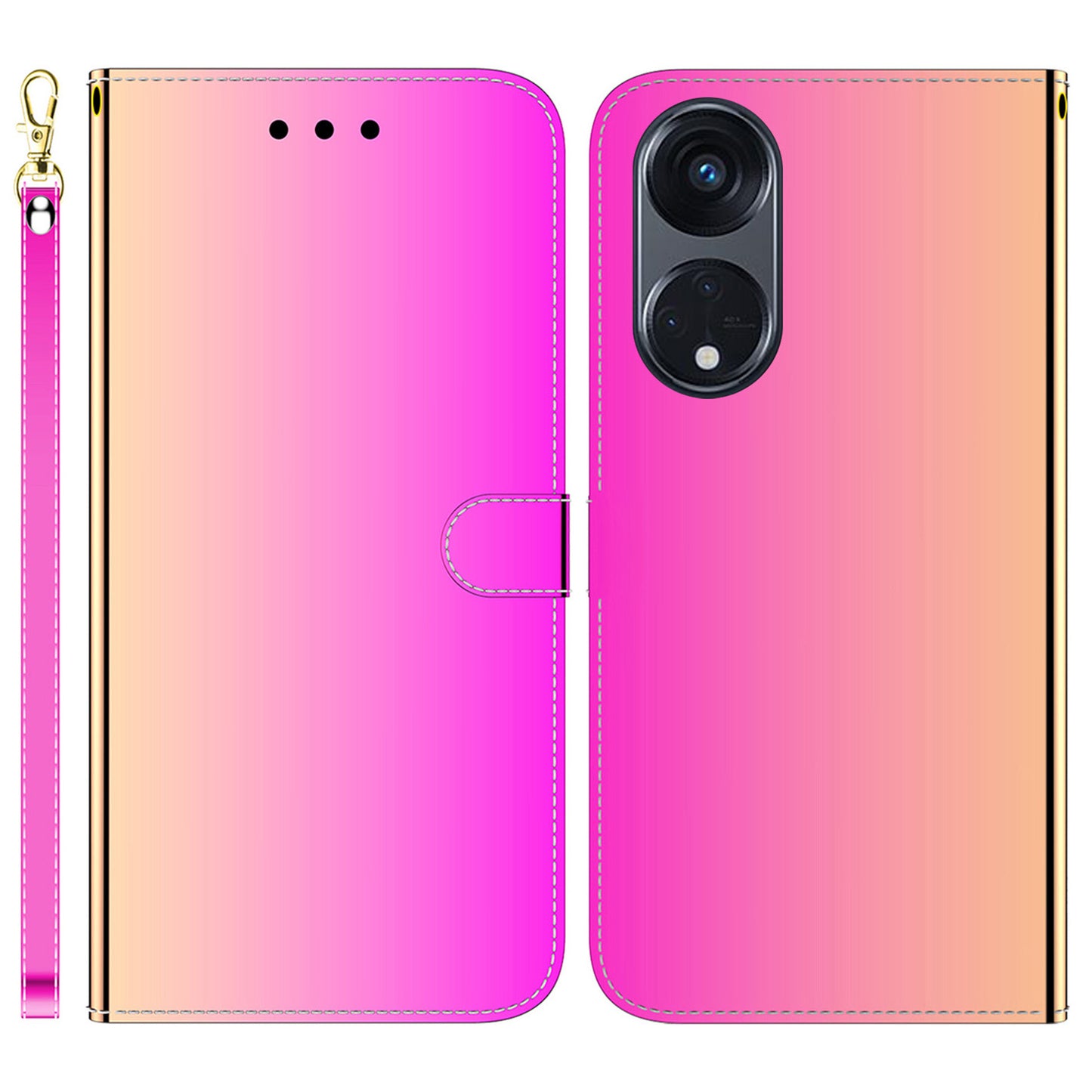 For Oppo Reno8 T 5G / A1 Pro 5G Wallet Phone Stand Case Mirror-like Surface PU Leather Flip Cover with Strap