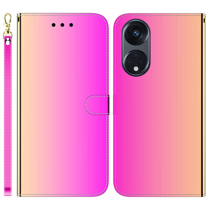 For Oppo Reno8 T 5G / A1 Pro 5G Wallet Phone Stand Case Mirror-like Surface PU Leather Flip Cover with Strap