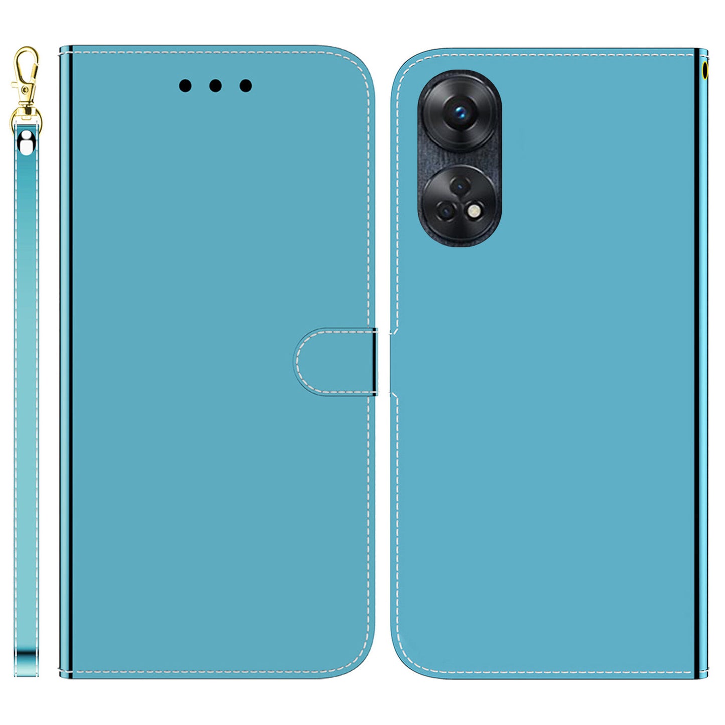 Phone Case for Oppo Reno8 T 4G PU Leather Stand Wallet Mirror-like Surface Flip Cover with Strap