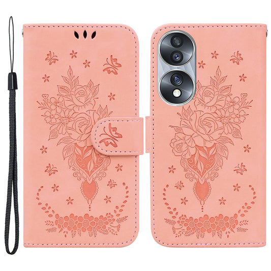 Drop-proof Phone Case For Honor 70 5G , Rose Butterfly Imprinted Stand Flip Leather Wallet Cover