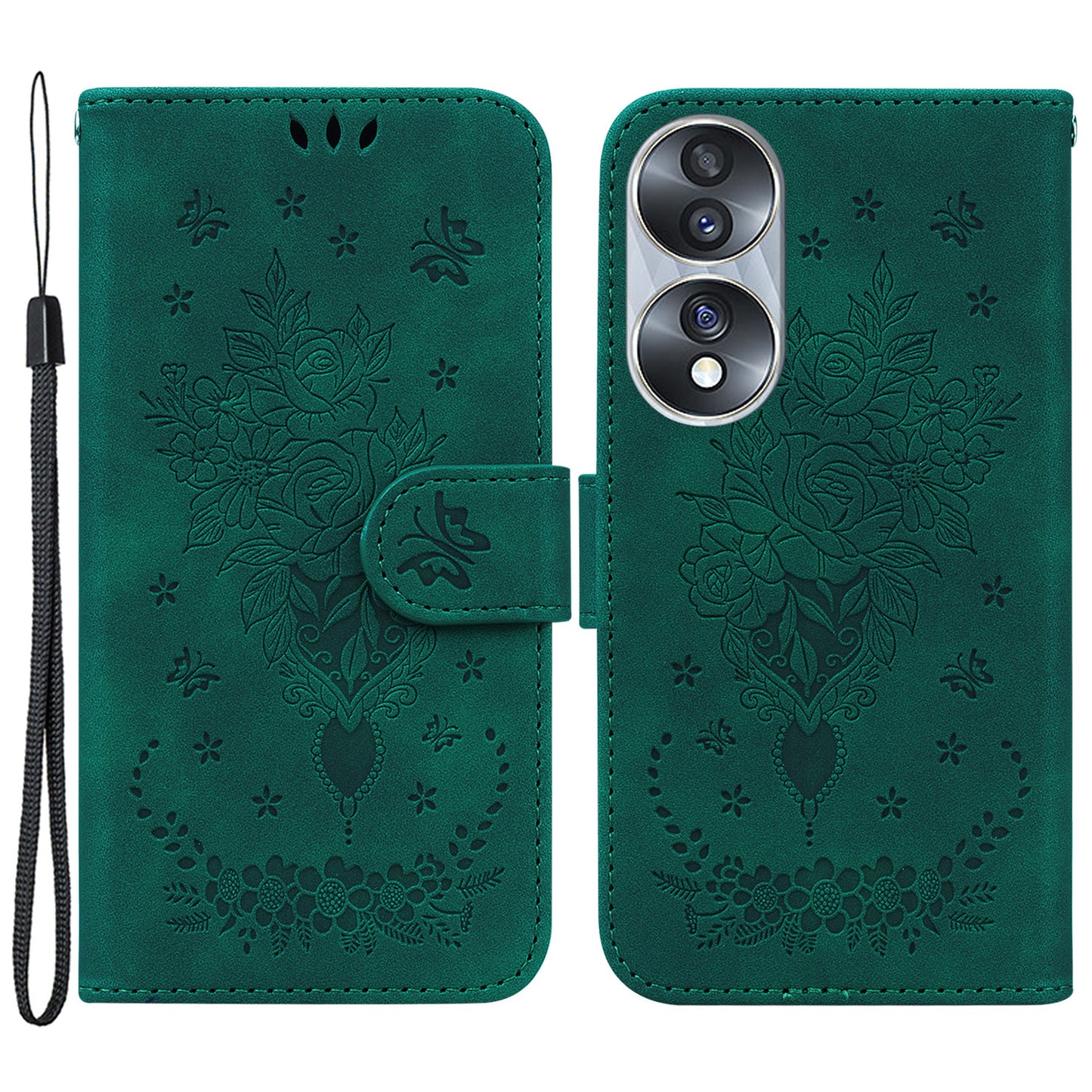 Drop-proof Phone Case For Honor 70 5G , Rose Butterfly Imprinted Stand Flip Leather Wallet Cover