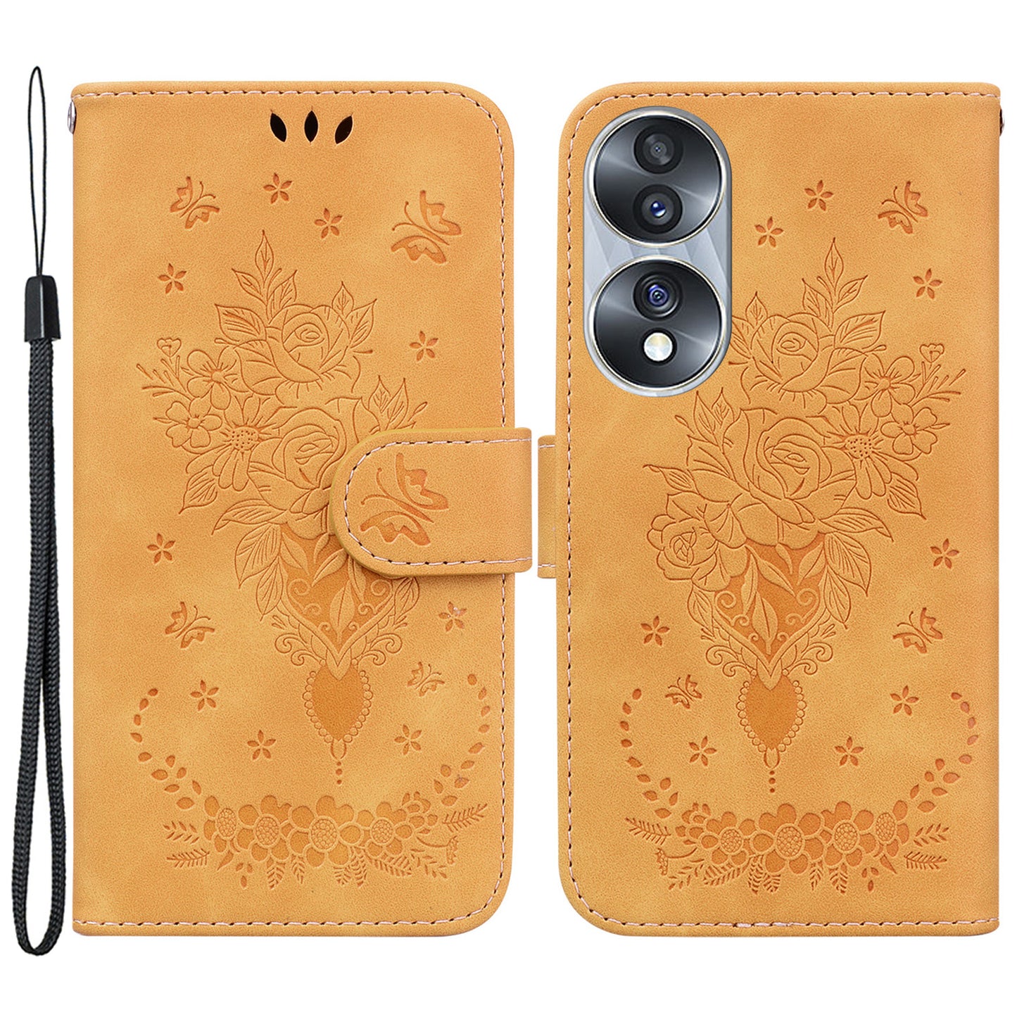 Drop-proof Phone Case For Honor 70 5G , Rose Butterfly Imprinted Stand Flip Leather Wallet Cover