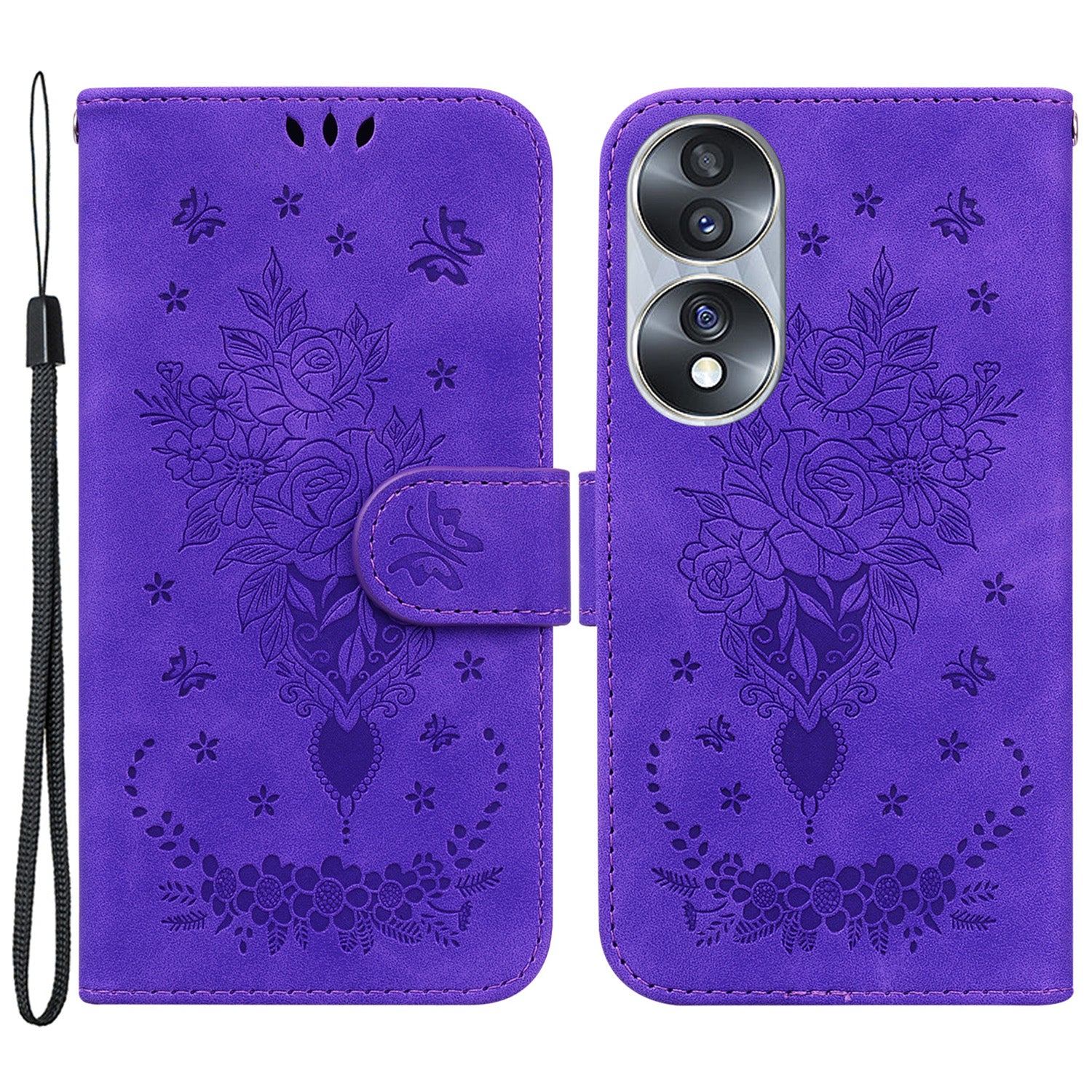 Drop-proof Phone Case For Honor 70 5G , Rose Butterfly Imprinted Stand Flip Leather Wallet Cover