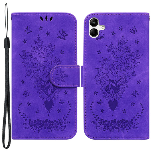 For Samsung Galaxy A04e 4G / F04 4G / M04 4G Phone Leather Case Imprinted Rose Butterfly Wallet Stand Cover with Strap