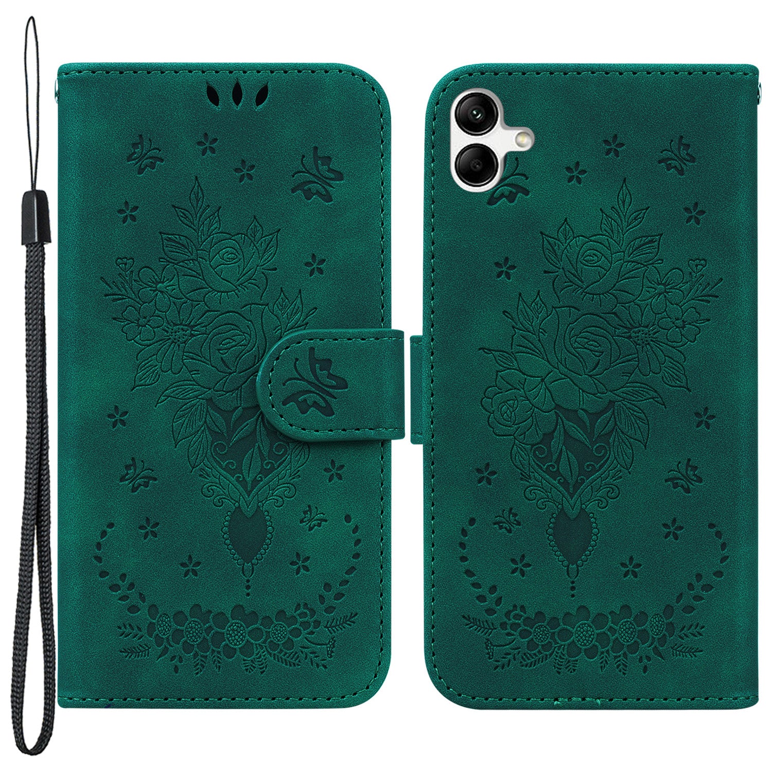 For Samsung Galaxy A04e 4G / F04 4G / M04 4G Phone Leather Case Imprinted Rose Butterfly Wallet Stand Cover with Strap