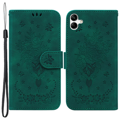 For Samsung Galaxy A04e 4G / F04 4G / M04 4G Phone Leather Case Imprinted Rose Butterfly Wallet Stand Cover with Strap