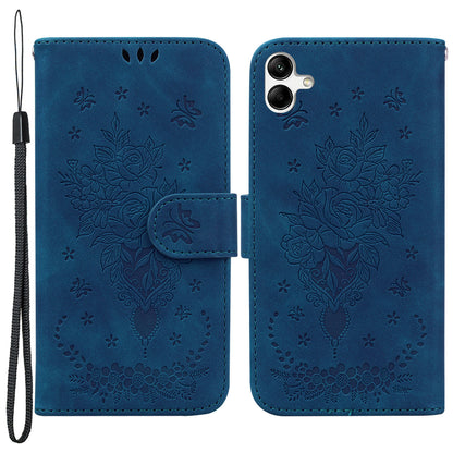 For Samsung Galaxy A04e 4G / F04 4G / M04 4G Phone Leather Case Imprinted Rose Butterfly Wallet Stand Cover with Strap