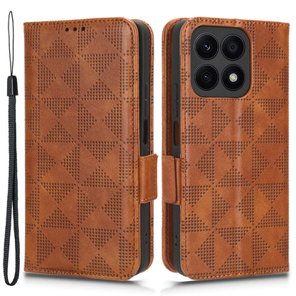 For Honor X8a 4G Phone Case PU Leather Wallet Stand Imprinted Triangle Pattern Phone Cover